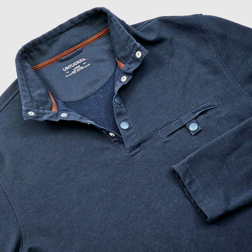 UNTUCKit Parkson Pullover Mens Large Navy‎ Blue Snap Neck Fleece Pocket Preppy